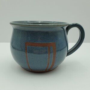 Blue Pottery Mug Large Round Signed Blue Ceramic Pottery Mug